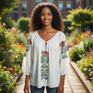 KAS DESIGNS White Embroidered Floral Balloon Sleeve Tie Top SIZE MEDIUM